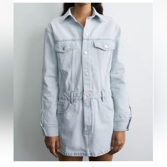 ZARA Light Wash Denim Mini Skirt Dress NWT Size Small - Picture 3 of 15